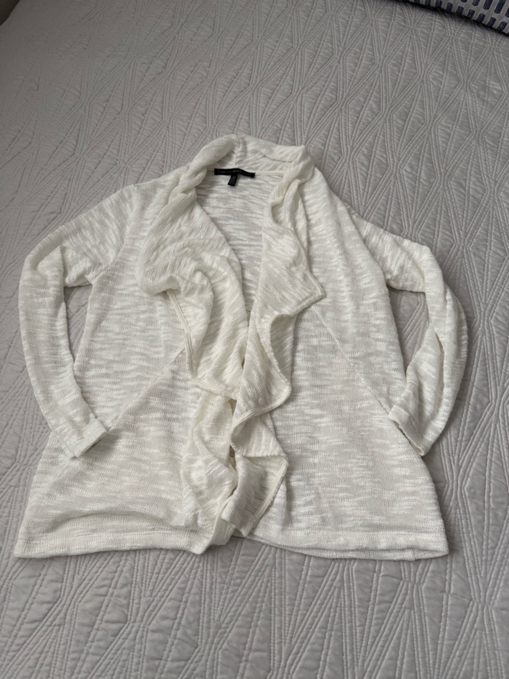 White House Black Market Cream Ruffle-Front Open Cardigan